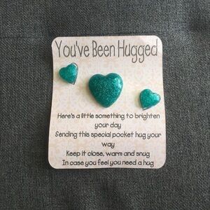 Set/3 “You’ve Been Hugged” Sparkly Talisman Gift Stones, Teal Blue Green